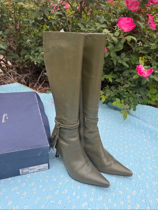 Faconnable Shoes - Faconnable Olive Green Knee-High Pointed-Toe Leather Boots